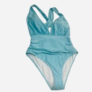 NWOT 1 Pc Marilyn Monroe Halter Top Style Swimsuit Solid Light Blue 1XL Hi-Leg